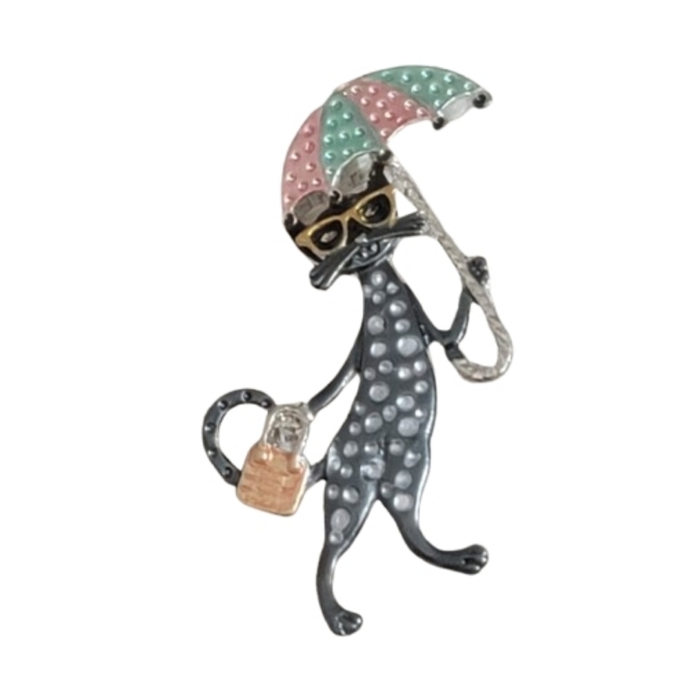 Glamorous Cat with Parasol and Purse Brooch Pin